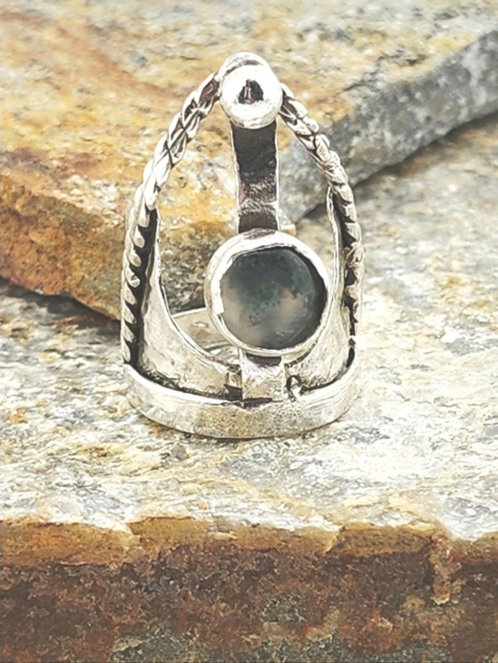 MOSS AGATE CATHEDRAL TRACERY WINDOW GOTHIC RING HANDMADE STERLING SILVER SZ 7